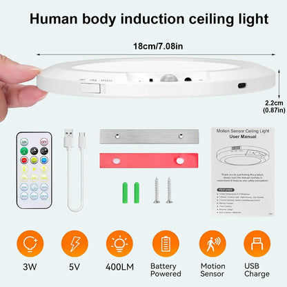Rechargeable Sensor Ceiling Light with Remote Control, USB Charging,Magnetic Wireless Ceiling Light Battery Powered for Closet Shower Stairs Shed Hallway Porch Patio Ect
