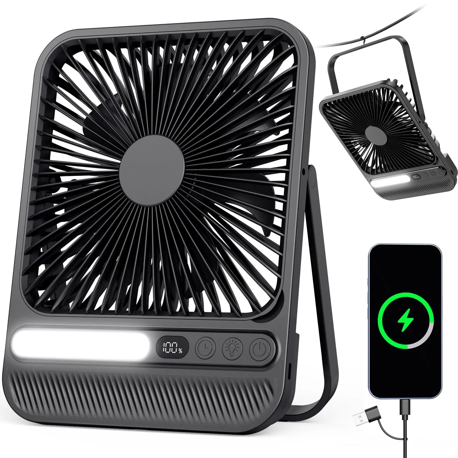8000Mah Rechargeable Silent Portable All-In-One Desk Fan for Bedroom, Office and Camping,28H Long Lasting Desk Fan with LED Light, 9“ Portable Desk Fan