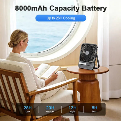 8000Mah Rechargeable Silent Portable All-In-One Desk Fan for Bedroom, Office and Camping,28H Long Lasting Desk Fan with LED Light, 9“ Portable Desk Fan