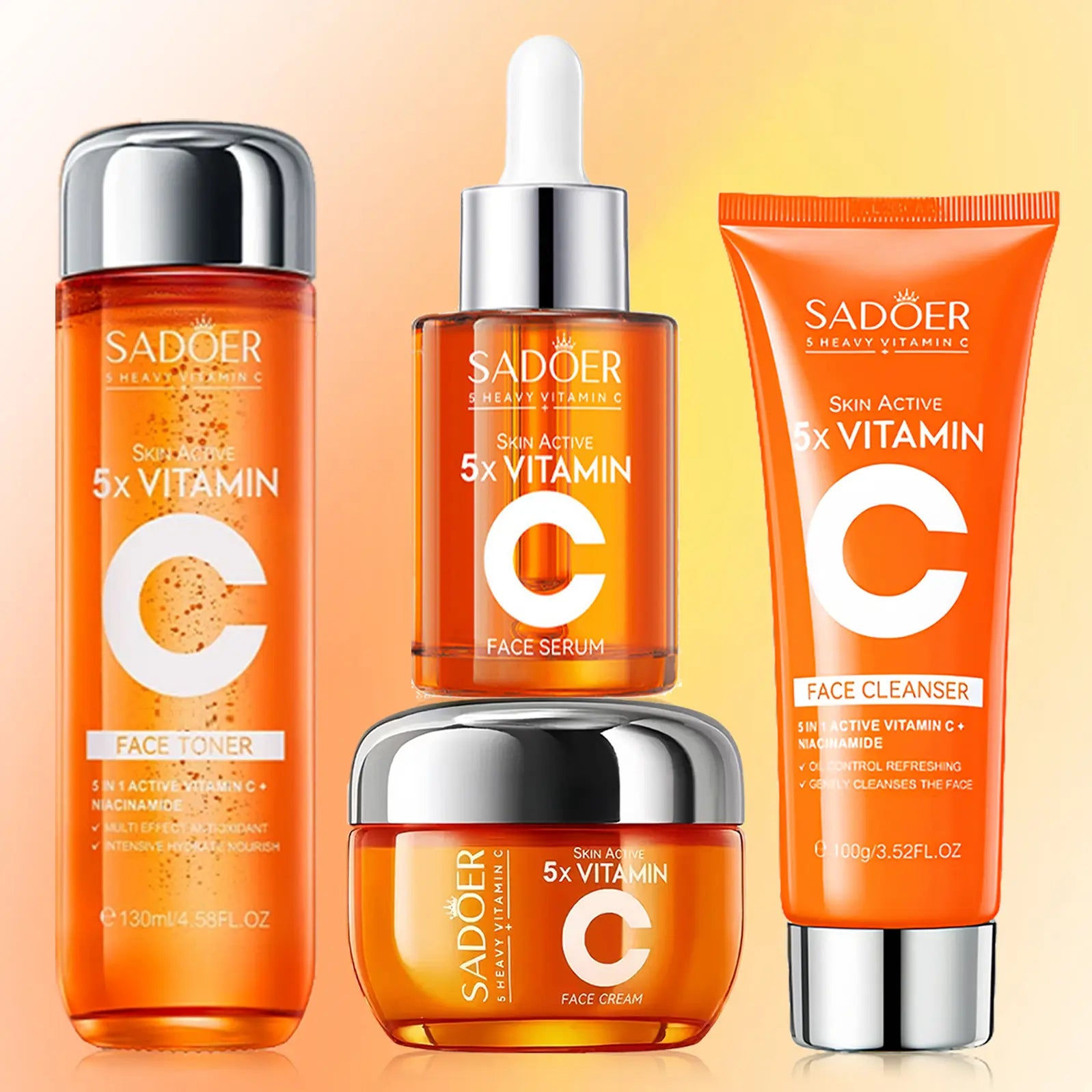 【 4PCS 】5X Vitamin C Skin Kit – Includes 5X Vitamin C Face Wash+5X Vitamin Face Toner+5X Vitamin C Face Serum+5X Vitamin C Face Cream , Moisturizing , Cleansing , for All Skins , Ideal Gift for Ladies.