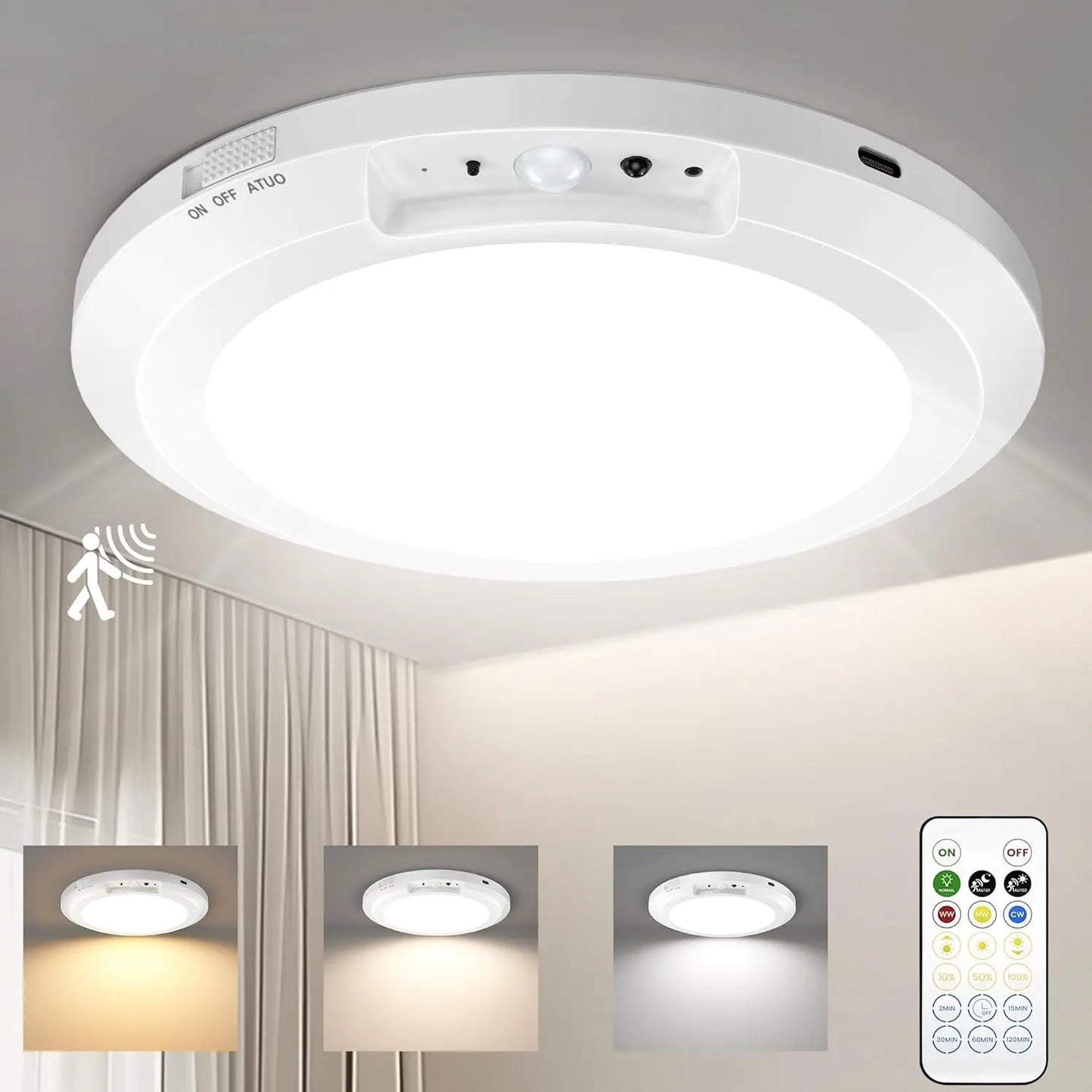 Rechargeable Sensor Ceiling Light with Remote Control, USB Charging,Magnetic Wireless Ceiling Light Battery Powered for Closet Shower Stairs Shed Hallway Porch Patio Ect