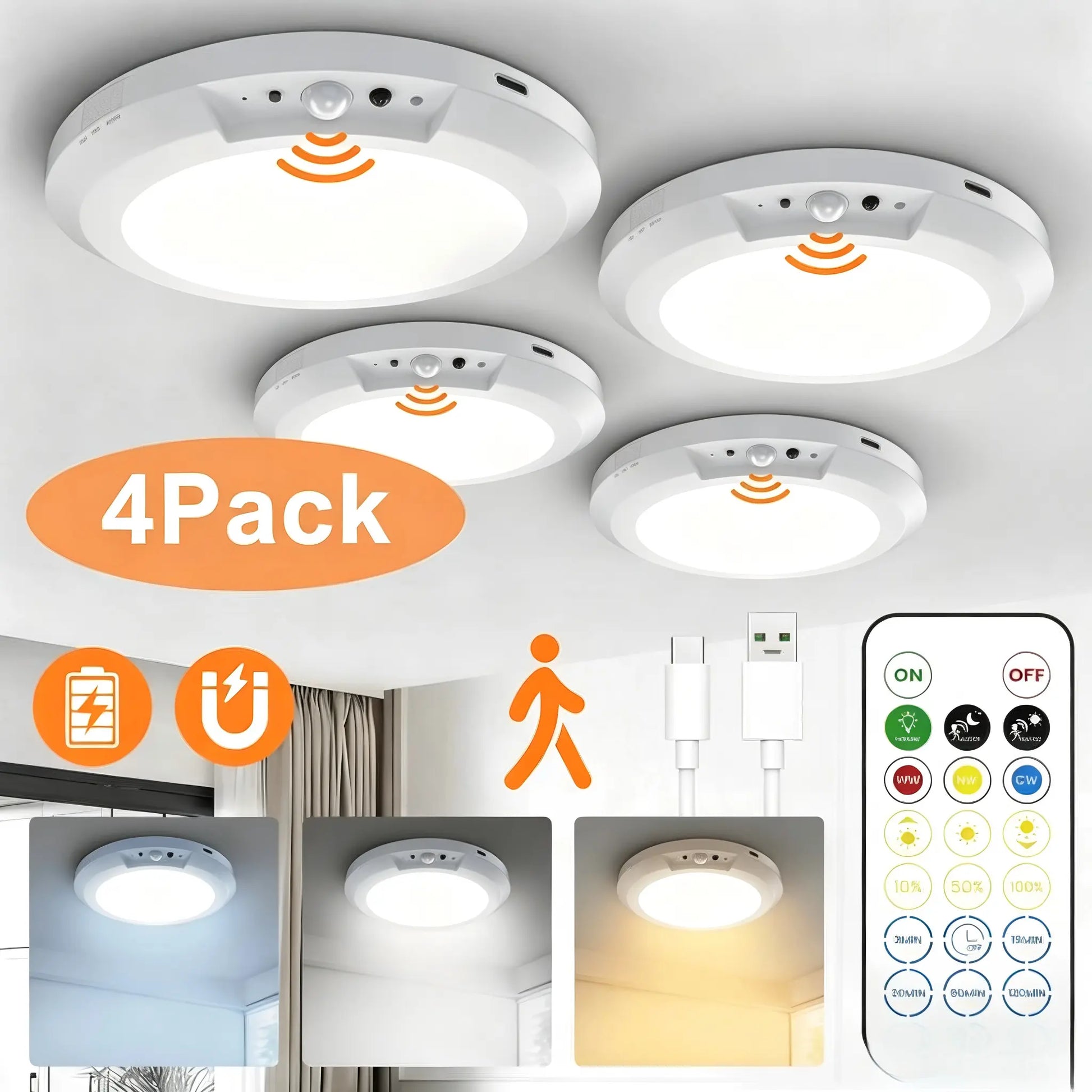 Rechargeable Sensor Ceiling Light with Remote Control, USB Charging,Magnetic Wireless Ceiling Light Battery Powered for Closet Shower Stairs Shed Hallway Porch Patio Ect
